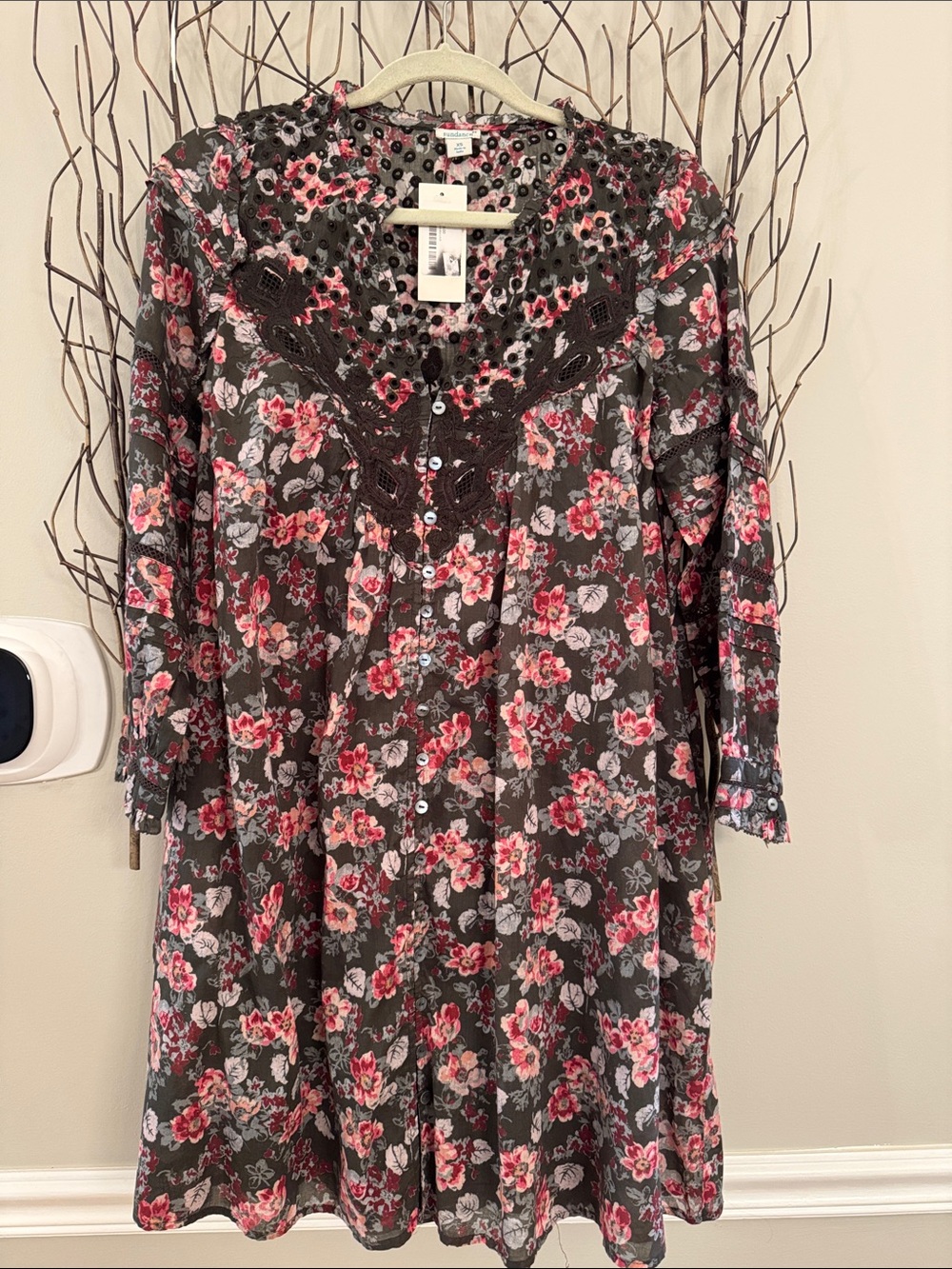sundance boutique Dark Gray Long-Sleeve Floral Button Dress with Pink Blooms